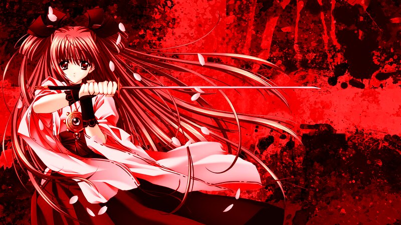 Anime Girl with Sword — Red, Dramatic, Long Hair, Red Background