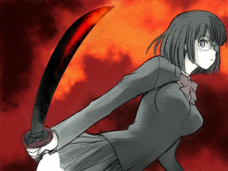 Anime Girl with Sword — Red, Dramatic, Manga, Glasses, Skirt