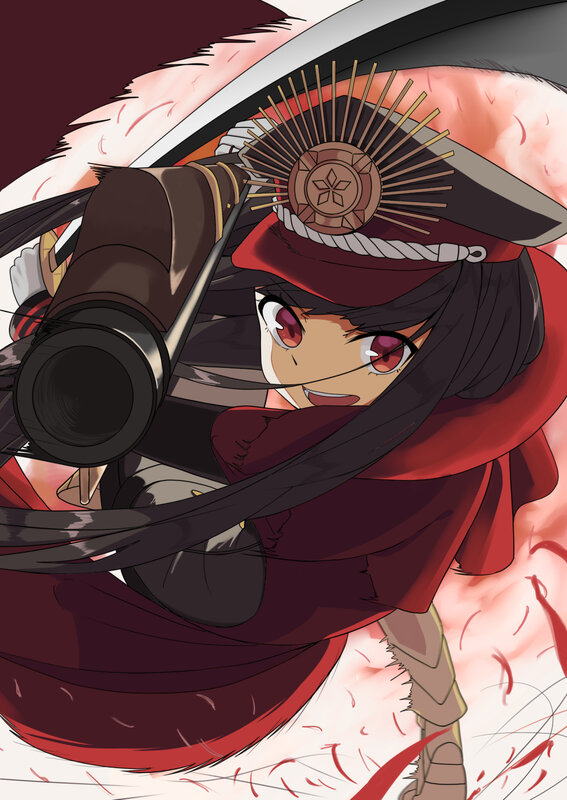 Anime Girl with Sword — Red, Dramatic, Manga, Hat, Red Scarf