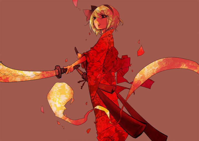 Anime Girl with Sword — Red, Dramatic, Manga, Kimono