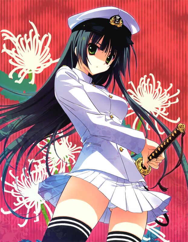 Anime Girl with Sword — Red, Dramatic, Military Uniform, Chrysanthemum