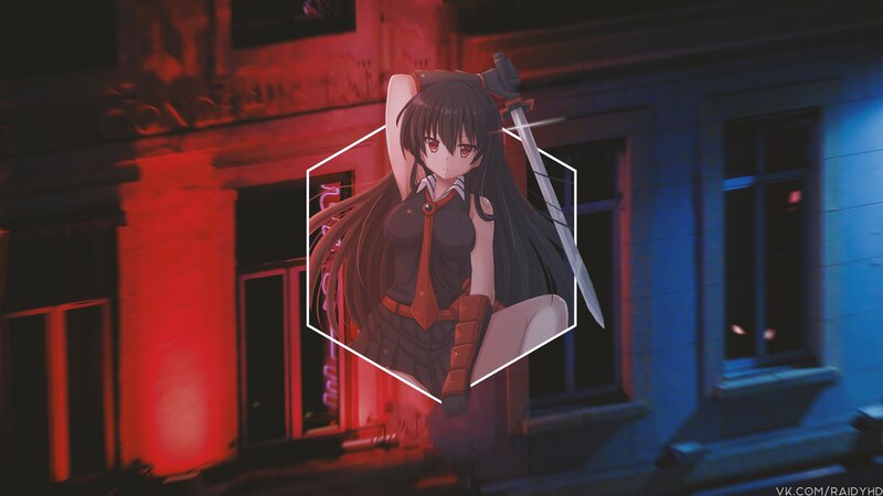 Anime Girl with Sword — Red, Dramatic, Night, Building