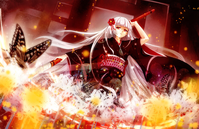 Anime Girl with Sword — Red, Dramatic, Night, Butterflies