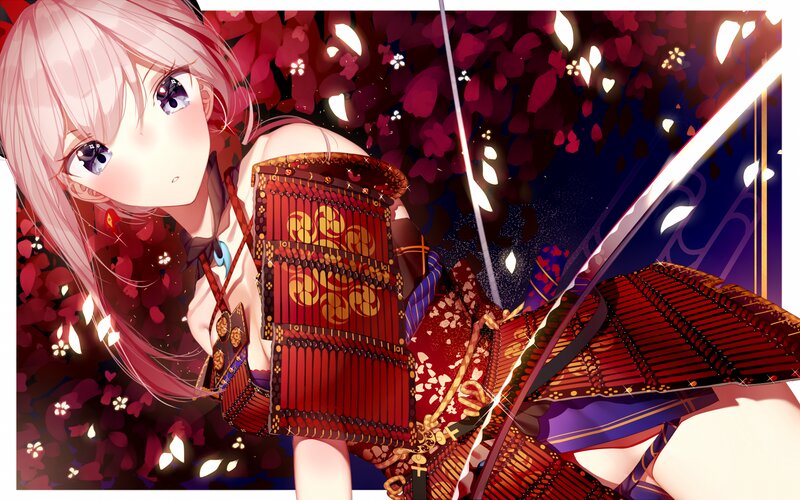 Anime Girl with Sword — Red, Dramatic, Night, Digital Art, Armor