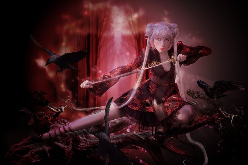 Anime Girl with Sword — Red, Dramatic, Night, Digital Art, Crows