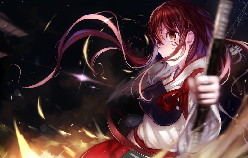 Anime Girl with Sword — Red, Dramatic, Night, Digital Art, Hair