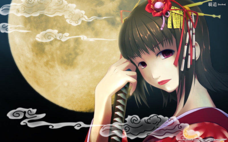 Anime Girl with Sword — Red, Dramatic, Night, Digital Art, Moon, Sakura Flower