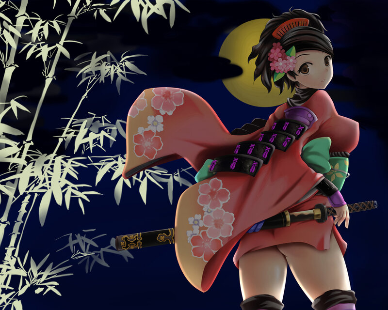 Anime Girl with Sword — Red, Dramatic, Night, Digital Art