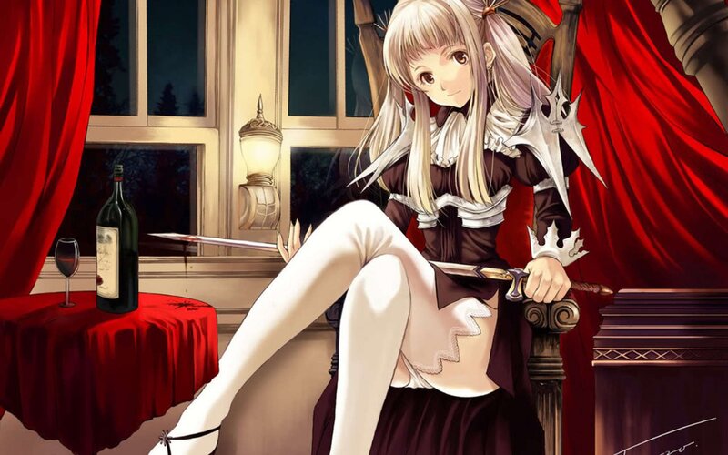 Anime Girl with Sword — Red, Dramatic, Night, Digital Art, Wine Bottle, Chair