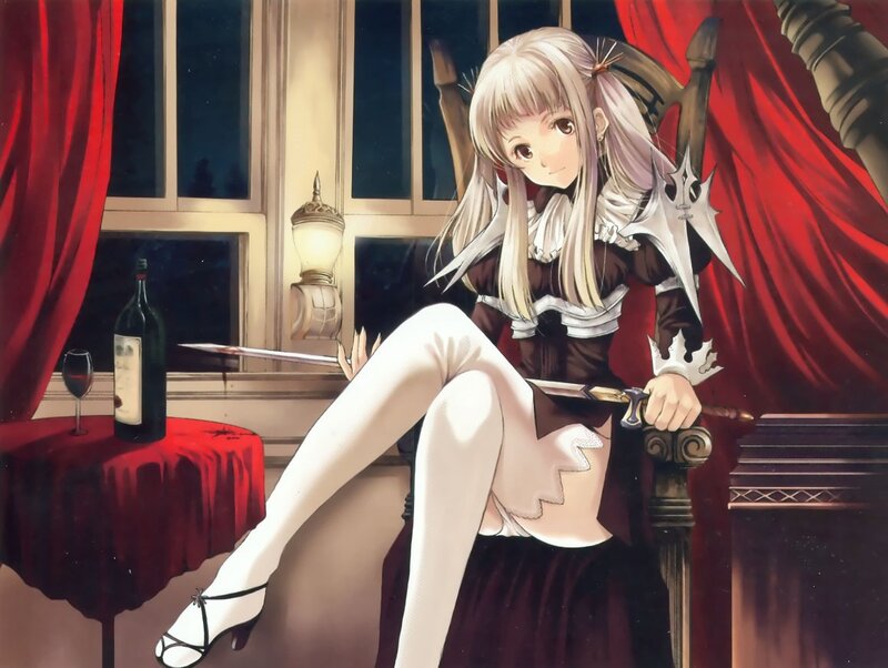 Anime Girl with Sword — Red, Dramatic, Night, Digital Art, Wine Bottle