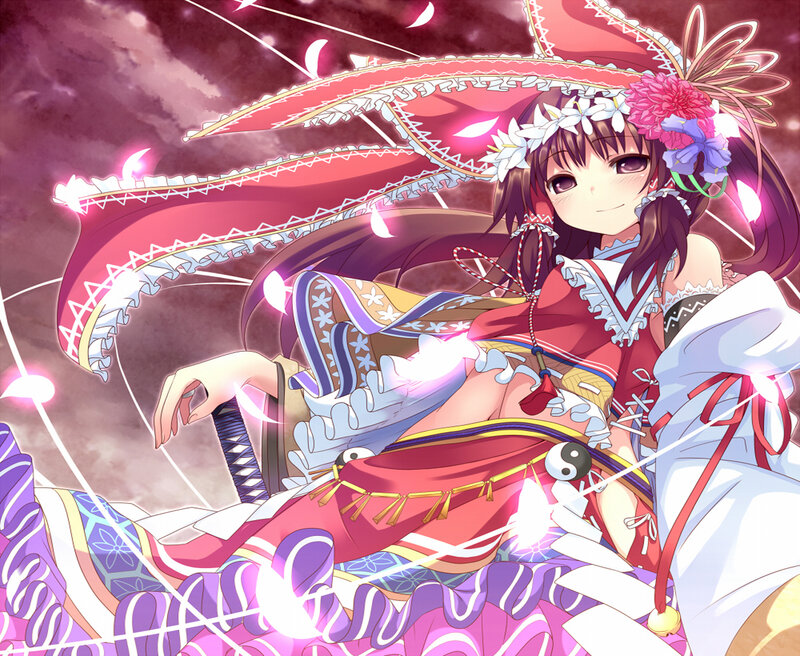Anime Girl with Sword — Red, Dramatic, Night, Flower Crown