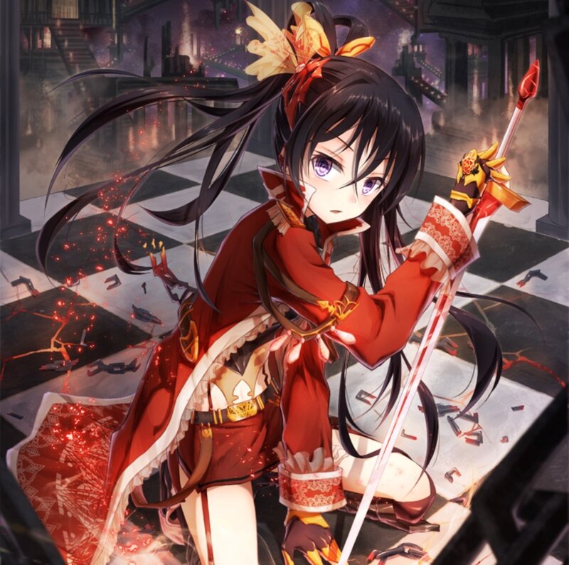 Anime Girl with Sword — Red, Dramatic, Night, Long Hair