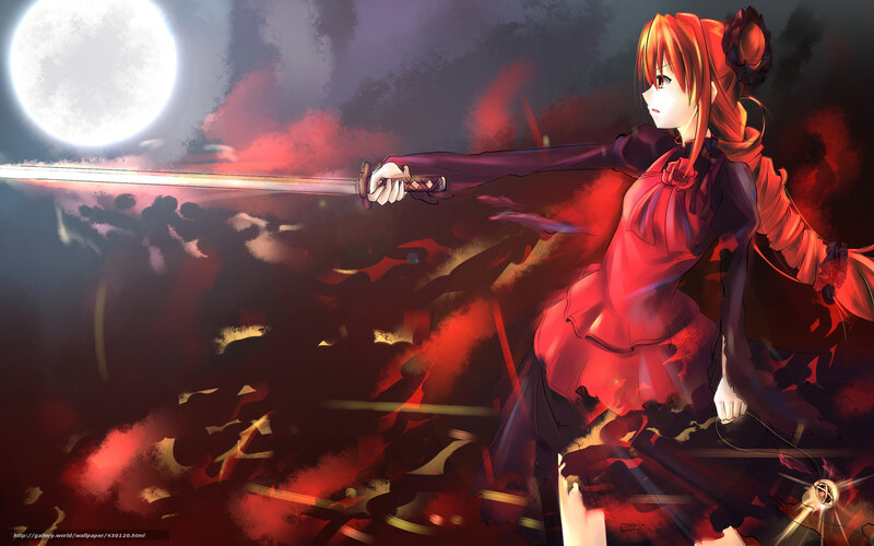 Anime Girl with Sword — Red, Dramatic, Night, Moon