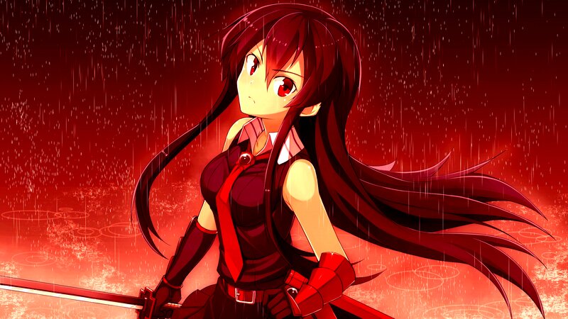 Anime Girl with Sword — Red, Dramatic, Rain
