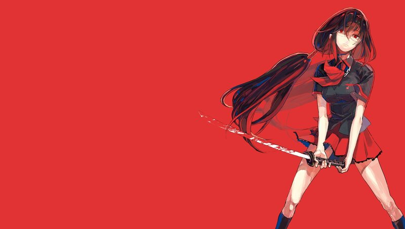 Anime Girl with Sword — Red, Dramatic, Red Scarf