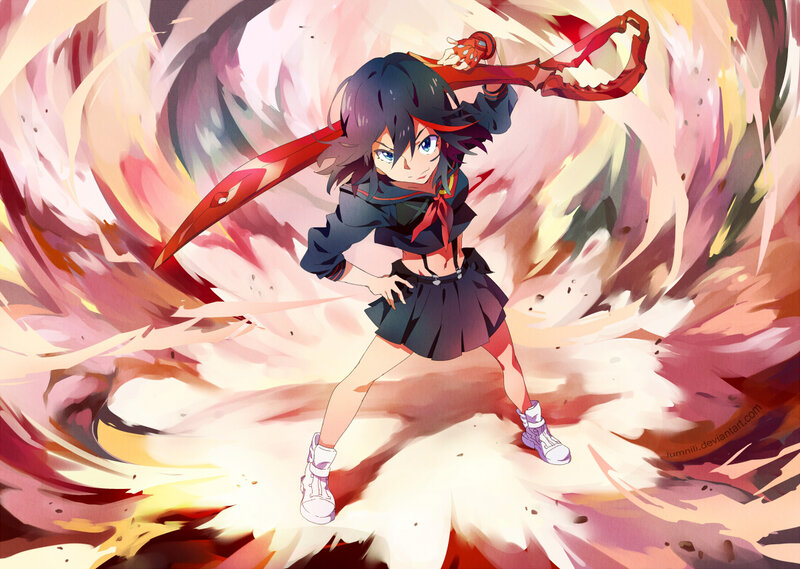 Anime Girl with Sword — Red, Dramatic, School Uniform, Energy Swirl