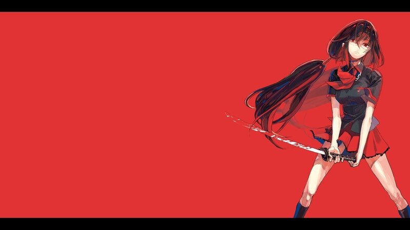Anime Girl with Sword — Red, Dramatic, Skirt, Long Hair