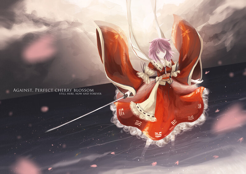 Anime Girl with Sword — Red, Dramatic, Spring, Digital Art, Cherry Blossoms