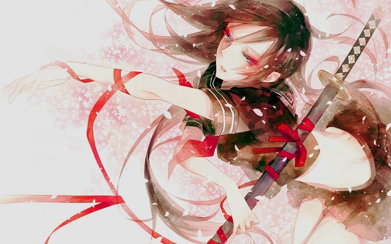 Anime Girl with Sword — Red, Dramatic, Spring, Digital Art, Ribbons