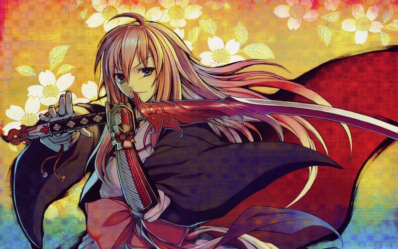 Anime Girl with Sword — Red, Dramatic, Spring, Flowers