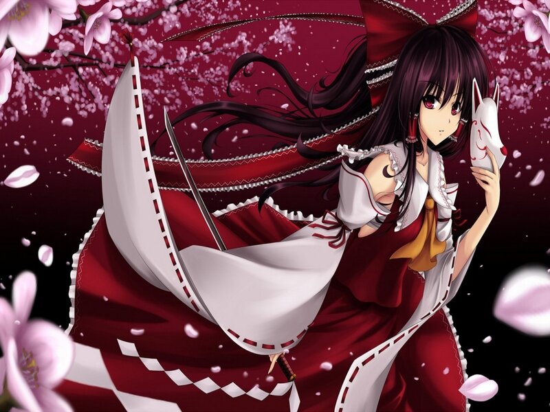Anime Girl with Sword — Red, Dramatic, Spring, Fox Mask