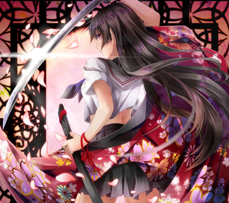 Anime Girl with Sword — Red, Dramatic, Spring, Kimono