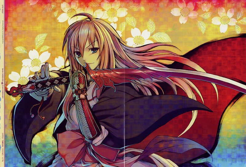 Anime Girl with Sword — Red, Dramatic, Spring, Manga, Flowers