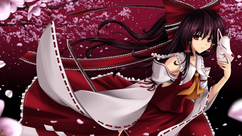 Anime Girl with Sword — Red, Dramatic, Spring, Sakura Blossoms, Fox Mask