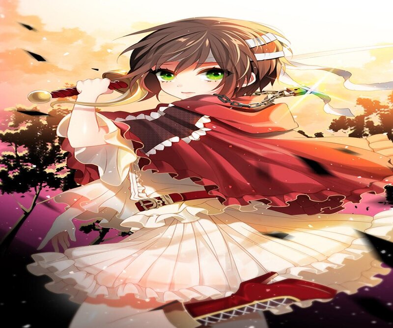 Anime Girl with Sword — Red, Dramatic, Sunset, Cape, Green Eyes