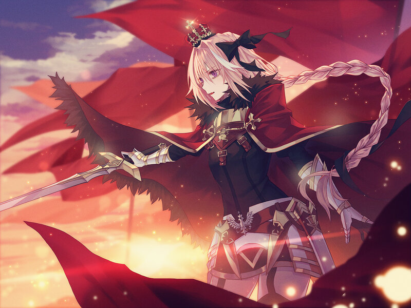 Anime Girl with Sword — Red, Dramatic, Sunset, Digital Art, Cape, Crown