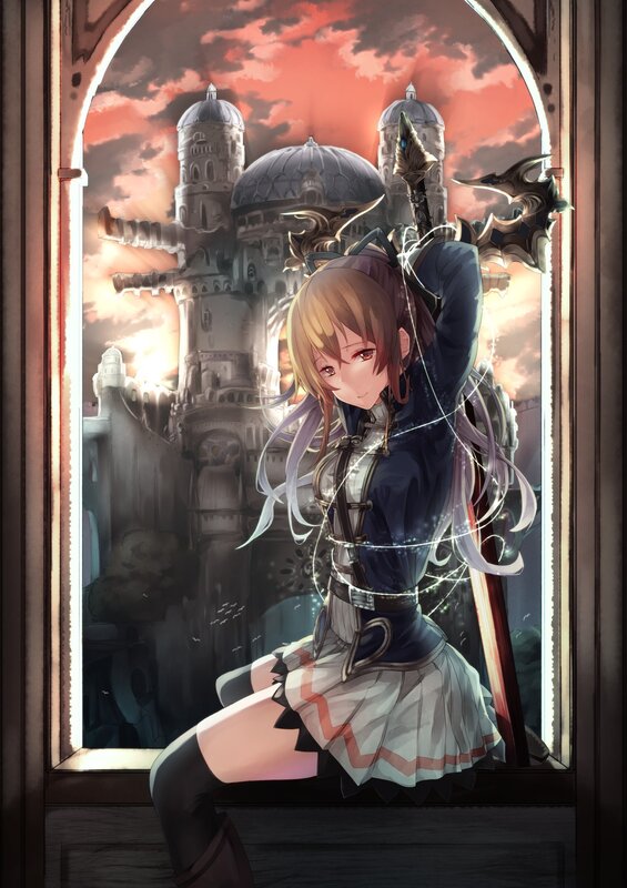 Anime Girl with Sword — Red, Dramatic, Sunset, Digital Art, Castle, Window