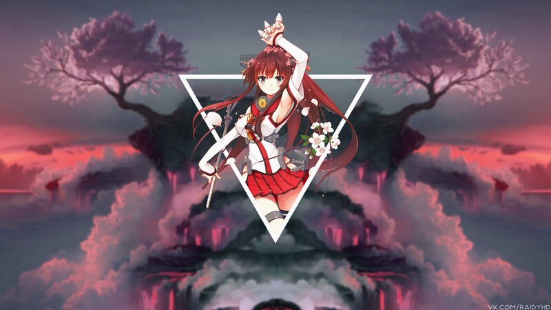 Anime Girl with Sword — Red, Dramatic, Sunset, Digital Art, Cherry Blossoms