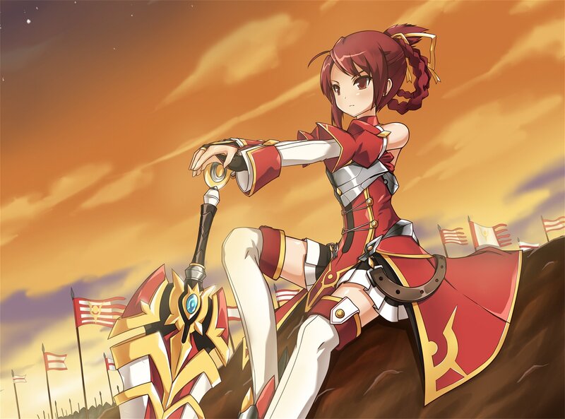 Anime Girl with Sword — Red, Dramatic, Sunset, Digital Art, Flag