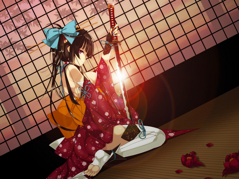 Anime Girl with Sword — Red, Dramatic, Sunset, Digital Art, Kimono, Sakura Petals