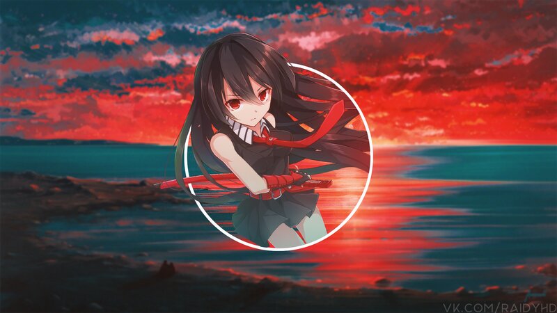 Anime Girl with Sword — Red, Dramatic, Sunset, Digital Art, Ocean