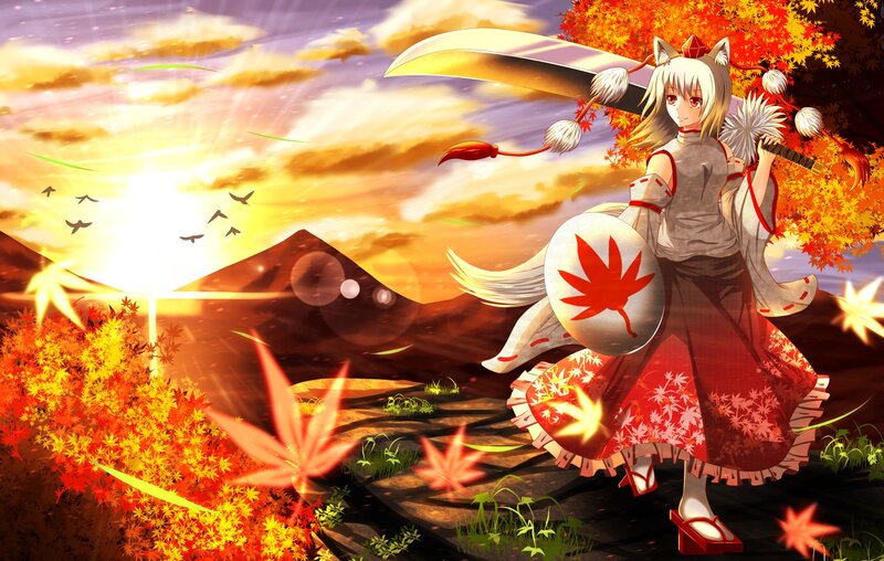 Anime Girl with Sword — Red, Dramatic, Sunset, Digital Art, Shield