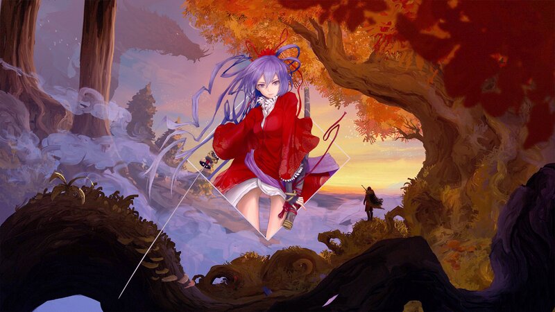 Anime Girl with Sword — Red, Dramatic, Sunset, Digital Art, Tree