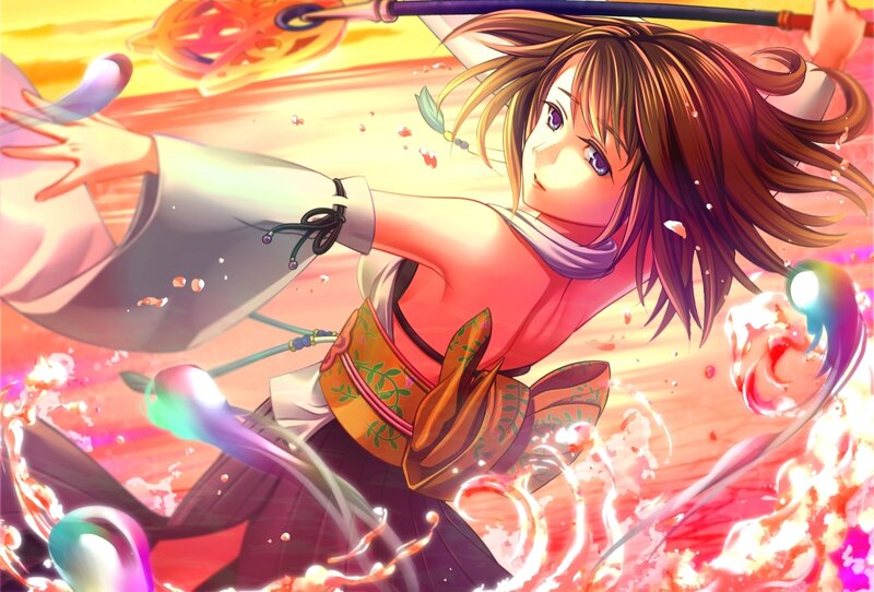 Anime Girl with Sword — Red, Dramatic, Sunset, Fire
