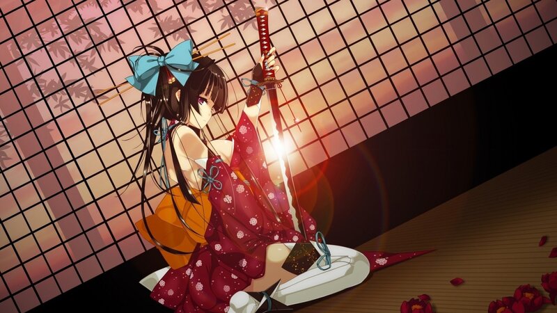 Anime Girl with Sword — Red, Dramatic, Sunset, Kimono, Sakura