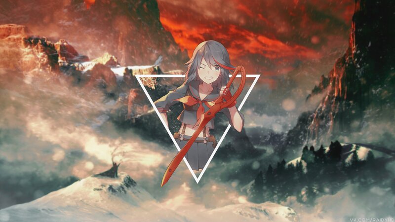 Anime Girl with Sword — Red, Dramatic, Sunset, Mountains
