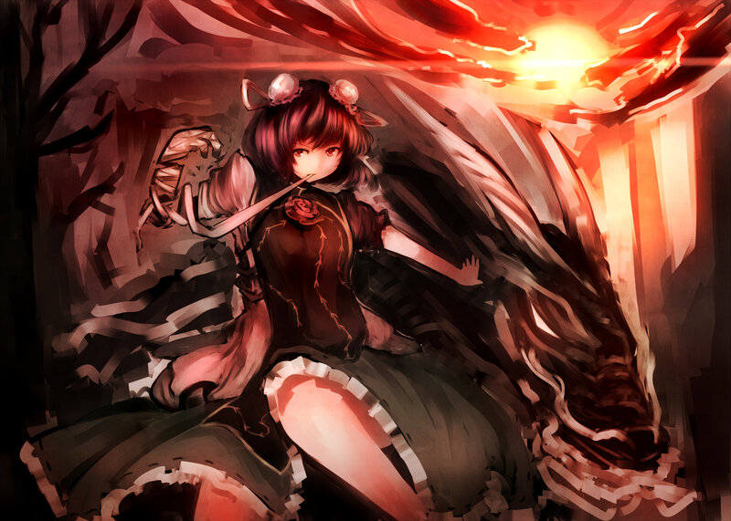 Anime Girl with Sword — Red, Dramatic, Sunset