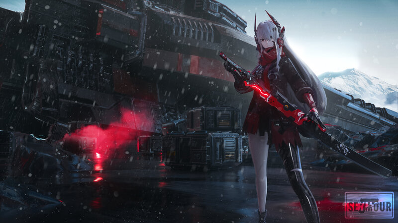 Anime Girl with Sword — Red, Dramatic, Winter