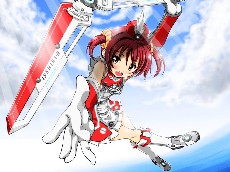 Anime Girl with Sword — Red, Dynamic, Afternoon