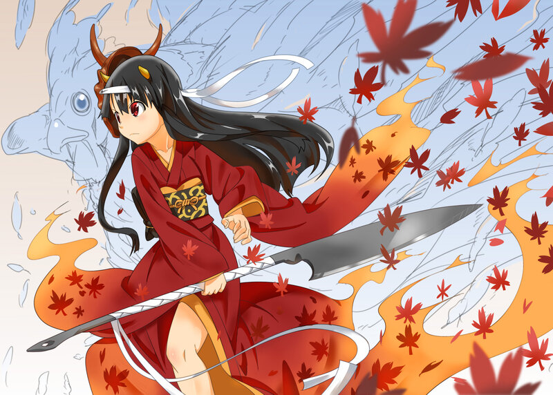 Anime Girl with Sword — Red, Dynamic, Autumn