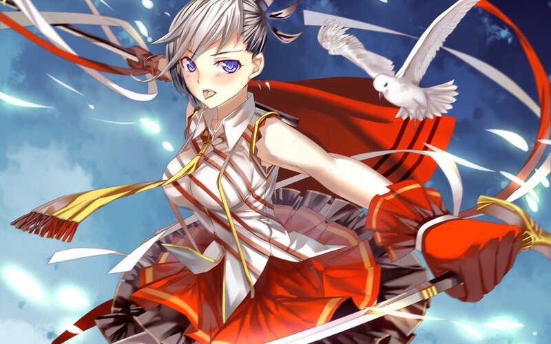 Anime Girl with Sword — Red, Dynamic, Bird