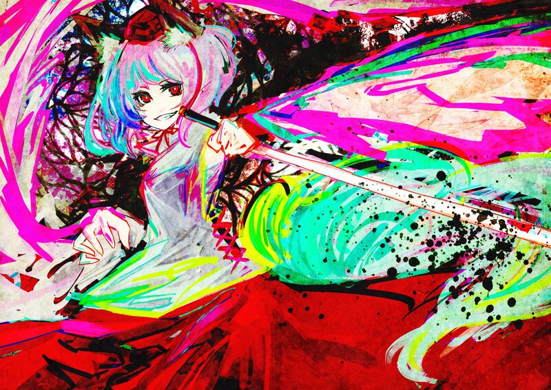 Anime Girl with Sword — Red, Dynamic, Digital Art, Cat Ears