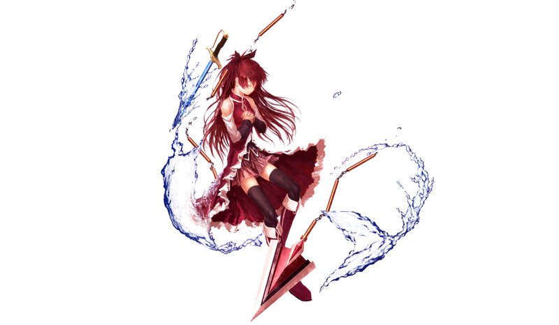 Anime Girl with Sword — Red, Dynamic, Digital Art, Water