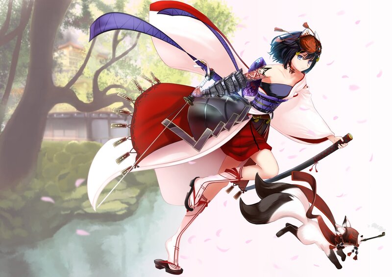 Anime Girl with Sword — Red, Dynamic, Spring, Digital Art