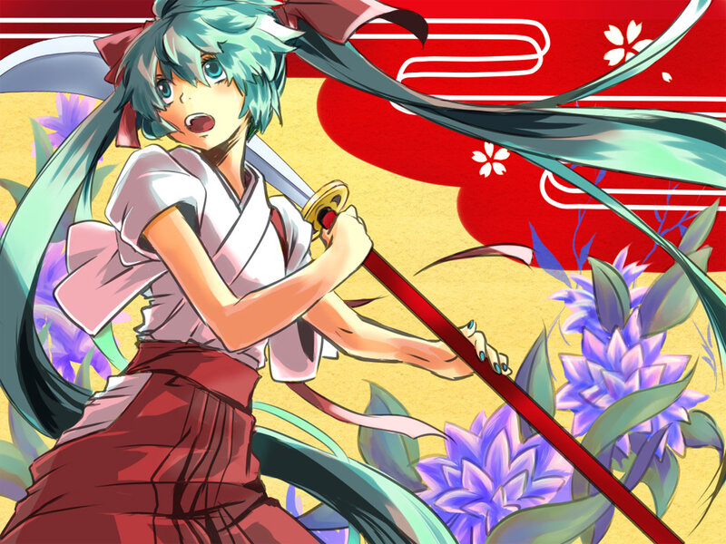 Anime Girl with Sword — Red, Dynamic, Spring, Flowers