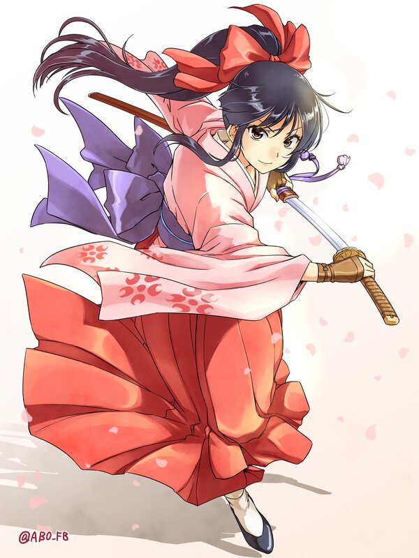 Anime Girl with Sword — Red, Dynamic, Spring, Kimono